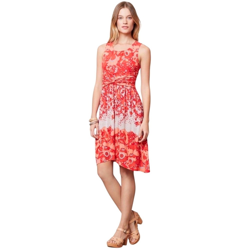 Anthropologie Lilka Coral Gardens Twisted Waist Handkerchief Hem Dress - Large